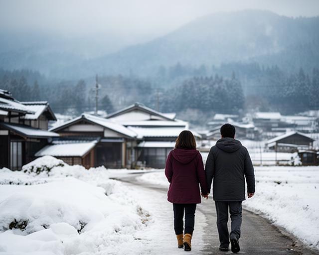 雪の残る飯山の集落で、仕事帰りに並んで歩く夫婦の後ろ姿